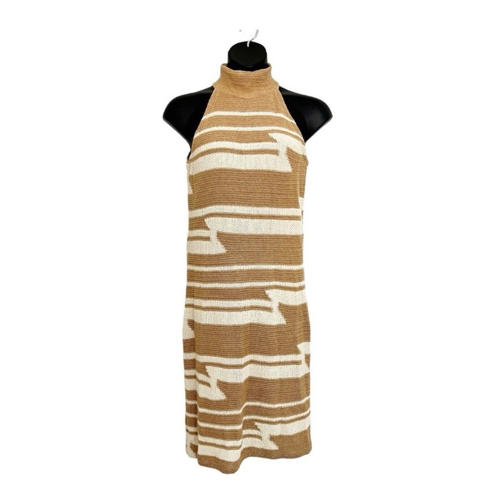 Lauren Ralph Lauren Knit Ribbed Midi Dress With High Neck size Large Tan White